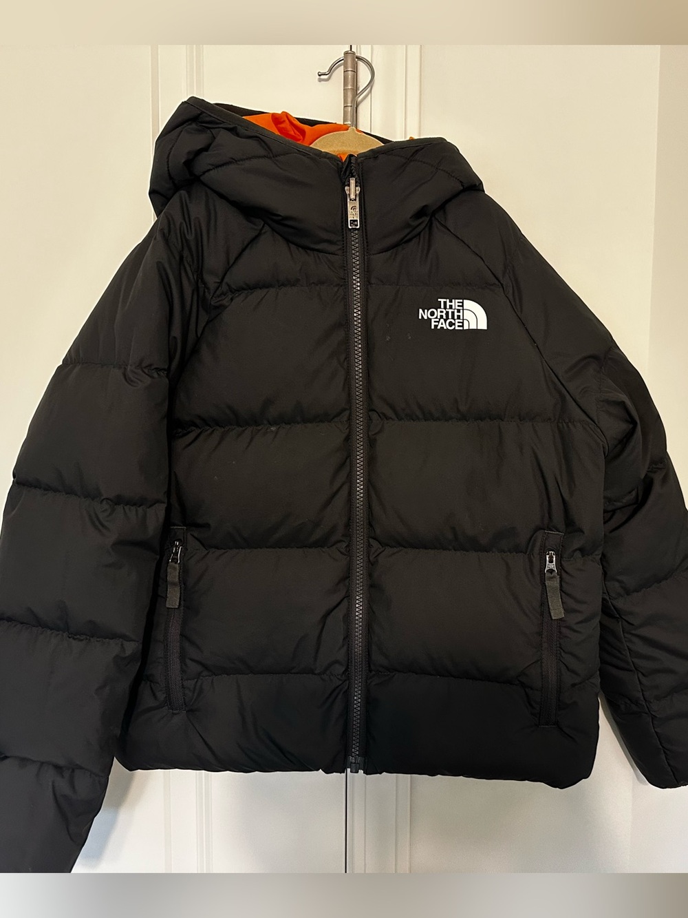 The North Face Kids Black Hooded Puffer with Orange Lining